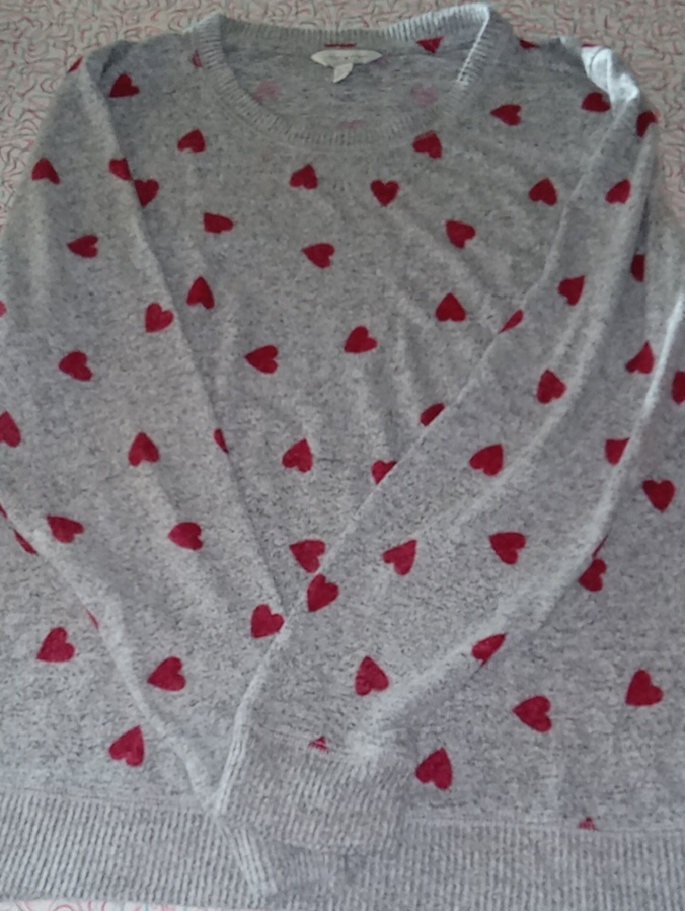 Lucky Brand Valentines Day Grey Crewneck Sweater with Red Heart Print